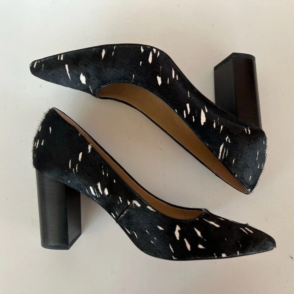 Franco Sarto Leather Cow Hair Black and White 3.35” Palma Pointy Toe Pump, 8M
